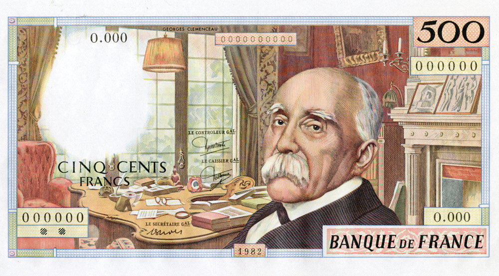 Draft Clemenceau banknote, 1982 version (front)