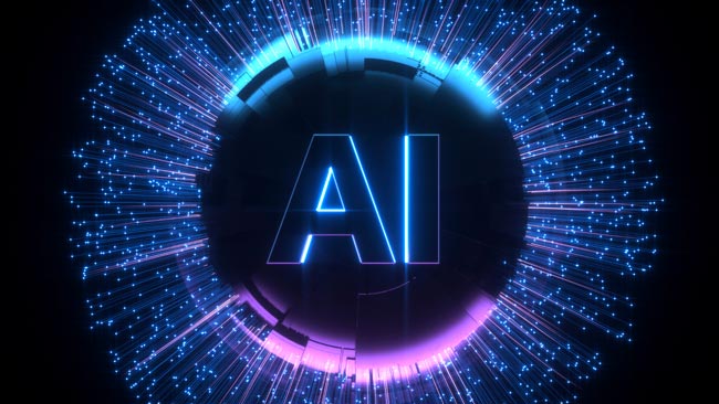 Illustration lumineuse avec le texte "AI" entouré d’effets lumineux, symbolisant l’intelligence artificielle comme un réseau complexe interconnecté