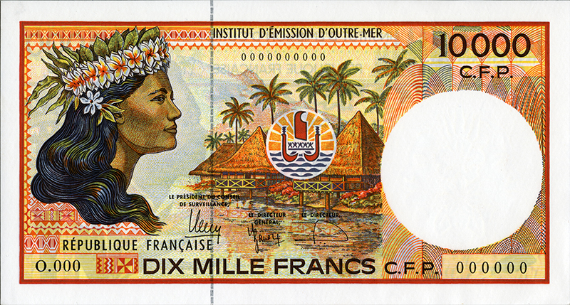 Billet de dix mille francs (recto), Institut d’émission d’outre-mer, 1986