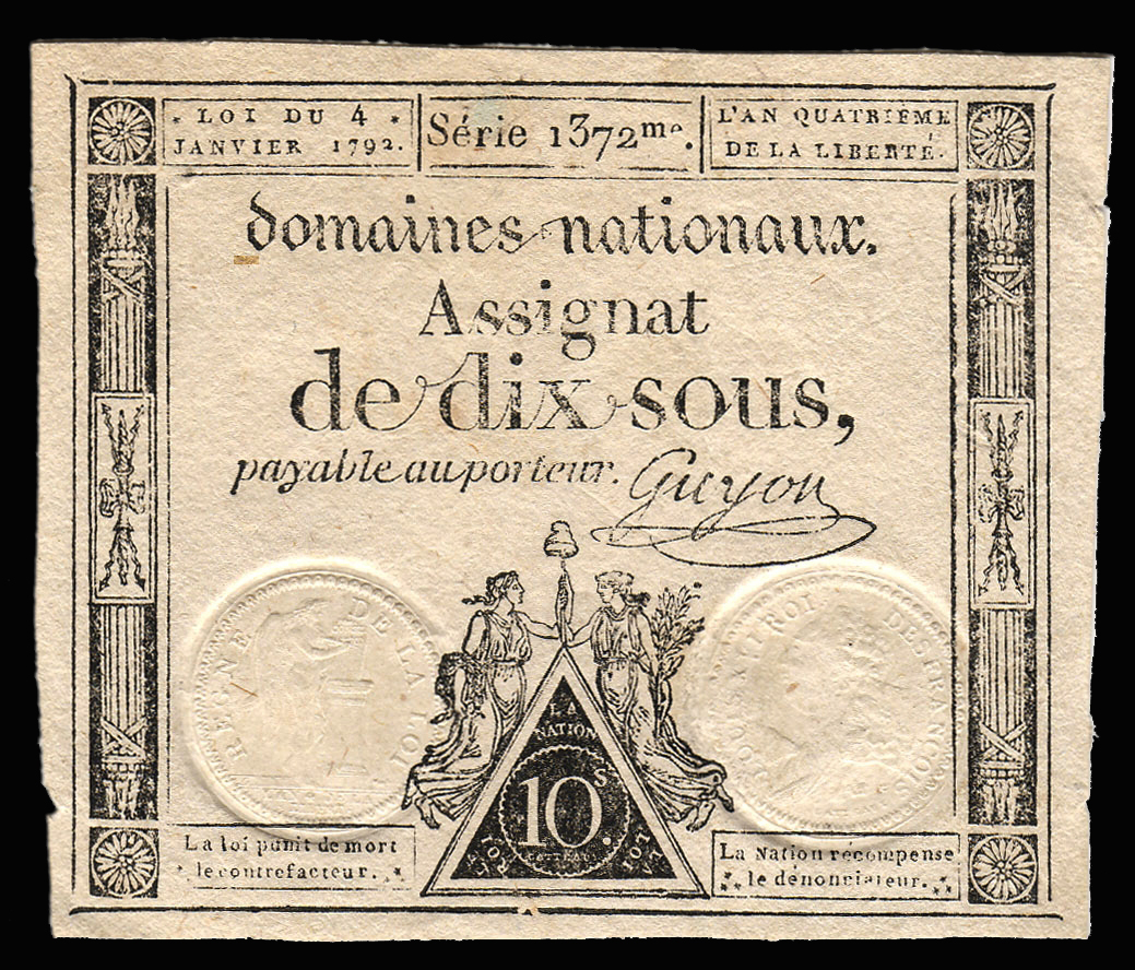 Assignat (Banknote used during the French Revolution) of ten under 1792 Collection Forks out of France - Photo Forks out of France