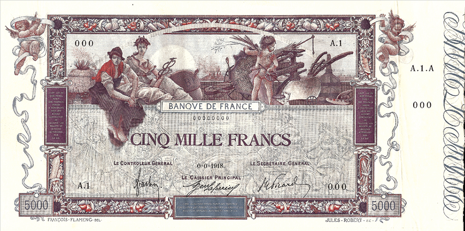 A 1918-type 5,000 franc note, put into circulation in 1938 – Front