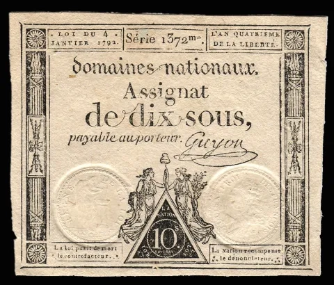 Assignat (Banknote used during the French Revolution) of ten under 1792 Collection Forks out of France - Photo Forks out of France Assignat (Banknote used during the French Revolution) of ten under 1792 Collection Forks out of France - Photo Forks out of France