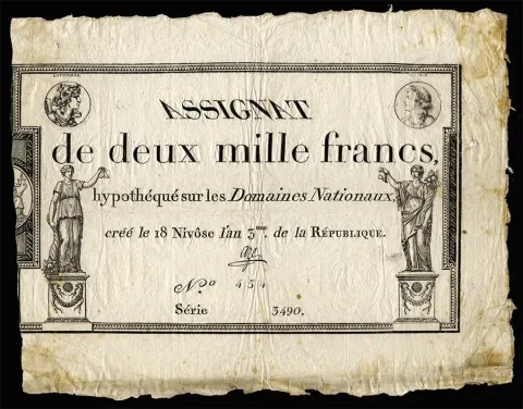 Assignat (Banknote used during the French Revolution) of two true thousand 1795 (first side) - Collection Forks out of France - Photo Forks out of France Assignat (Banknote used during the French Revolution) of two true thousand 1795 (first side) - Collection Forks out of France - Photo Forks out of France