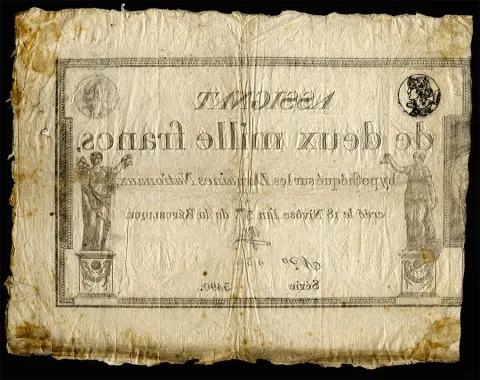 Assignat(Banknote used during the French Revolution) of two true thousand 1795 (reverse) - Collection Forks out of France - Photo Forks out of France Assignat (Banknote used during the French Revolution) of two true thousand 1795 (reverse) - Collection Forks out of France - Photo Forks out of France