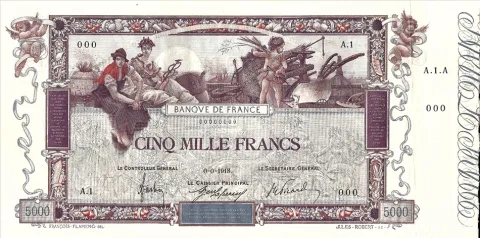 A 1918-type 5,000 franc note, put into circulation in 1938 – Front A 1918-type 5,000 franc note, put into circulation in 1938 – Front