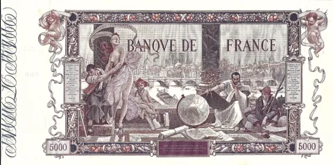 A 1918-type 5,000 franc note, put into circulation in 1938 – Back A 1918-type 5,000 franc note, put into circulation in 1938 – Back