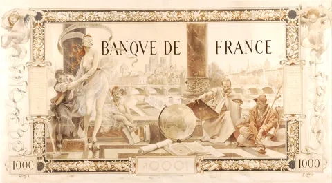 Model on canvas of the 1897-type 1,000 franc note, which was never issued – Back Model on canvas of the 1897-type 1,000 franc note, which was never issued – Back